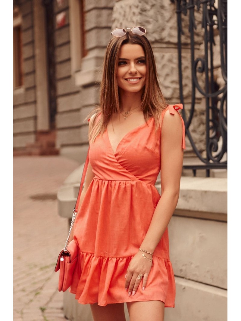 Lovely dress with an envelope neckline, coral, PR3196 - Online store - Boutique